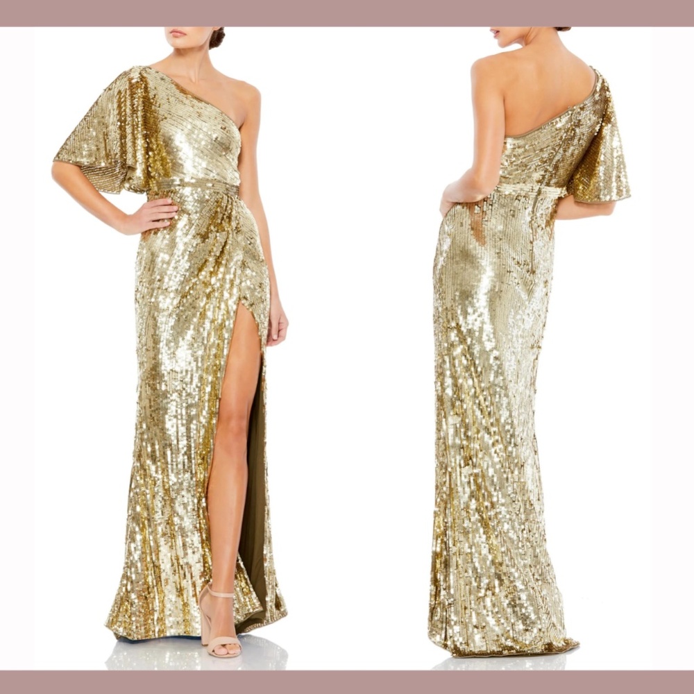 NWT $598 Mac Duggal [ 10‎ ] One Shoulder Sequin Column Gown in Gold